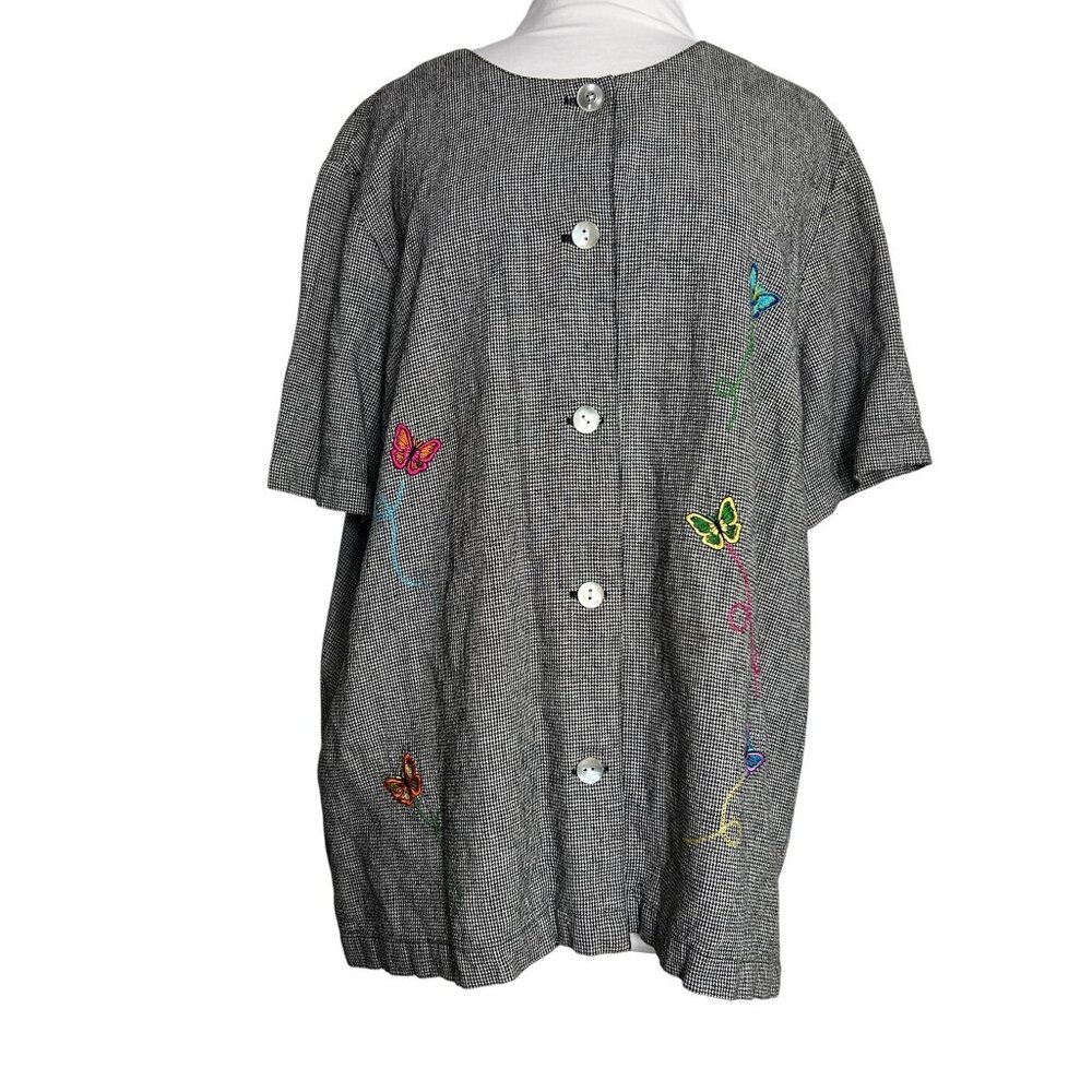 Stonebridge 1X Blouse Black White Houndstooth Embroidered Butterflies Button Up